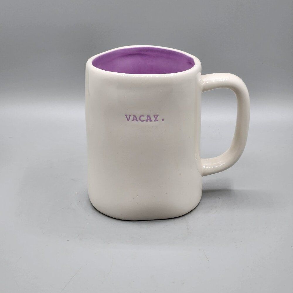 Whimsical Rae Dunn Typewriter Font Ceramic Mug Cup VACAY White Purple Funny Gift
